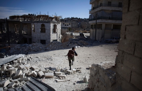 syria aleppo syrian rebel runs to cover assad snipers